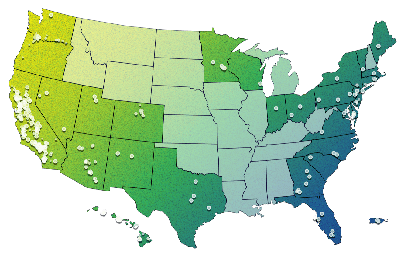 Map of the United States showing REC Power asset locations nationwide